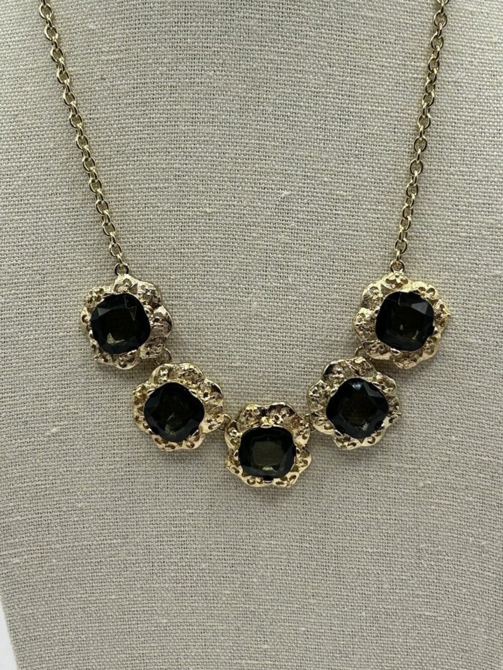 Marlyn Schiff Gold Tone Necklace Green Charcoal Rhinestones Statement Jewelry